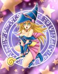  1girl bare_shoulders blonde_hair blush breasts dark_magician_girl duel_monster green_eyes hat large_breasts long_hair looking_at_viewer magical_girl open_mouth solo wizard_hat yu-gi-oh! 