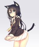  1girl animal_ears black_hair blue_eyes cat_tail cowboy_shot hair_between_eyes haishiki long_hair looking_at_viewer neckerchief nekomimi original pleated_skirt school_uniform serafuku simple_background skirt skirt_tug solo tail 