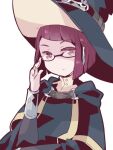  1girl bangs bridal_gauntlets closed_mouth fire_emblem fire_emblem_awakening glasses hat leather looking_at_viewer medium_hair miriel_(fire_emblem) nozomu_o red_eyes redhead solo turtleneck upper_body witch_hat 