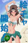  1girl alternate_costume armpits arms_up beach bikini blush breasts brown_hair cleavage commentary_request dominia eyebrows food forehead_protector fruit hachimaki hair_intakes headband highres jintsuu_(kantai_collection) kantai_collection long_hair looking_at_viewer medium_breasts navel remodel_(kantai_collection) swimsuit translation_request violet_eyes watermelon 