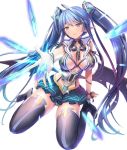  1girl bare_shoulders blue_hair breasts chirumi_(taimanin_asagi_battle_arena) energy female homura_yuni large_breasts long_hair panty_short pointy_ears sitting skirt solo taimanin_asagi taimanin_asagi_battle_arena twintails violet_eyes 