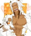  1boy abs bachikin_(kingyo155) child dark_skin feathers harpy heart lollipop monster_boy multicolored_hair muscle original scar tongue tongue_out white_hair wings 