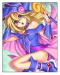  1girl bare_shoulders blonde_hair blush blush_stickers breasts choker collarbone dark_magician_girl duel_monster green_eyes hat hexagram higatas highres jewelry large_breasts long_hair looking_at_viewer magical_girl necklace open_mouth pentacle smile solo staff star wizard_hat yu-gi-oh! yuu-gi-ou_duel_monsters 