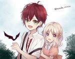  1boy 1girl alternate_hairstyle bat blonde_hair blush child collarbone crying diabolik_lovers dress fang green_eyes hair_ribbon ichinose_(sorario) komori_yui looking_at_viewer open_mouth outdoors pink_eyes redhead ribbon sakamaki_ayato smile suspenders tears twitter_username upper_body vampire younger 