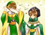  2boys ascot_(rayearth) bangs brown_eyes brown_hair cardcaptor_sakura chinese_clothes clamp_(style) company_connection cosplay costume_switch crossover english_text green_eyes hat iyutani jewelry li_xiaolang magic_knight_rayearth multiple_boys robe short_hair star_(symbol) 