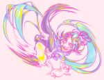  alternative_color bleach cat colorful flying_kick glossy hair_ornament highres kicking long_hair midair multicolored_clothes multicolored_hair multicolored_legwear parody pink_background ponytail shihouin_yoruichi smile style_parody tied_hair white_cat yellow_eyes 