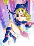  1girl ass bare_shoulders blonde_hair blush breasts dark_magician_girl duel_monster green_eyes hat large_breasts long_hair looking_at_viewer magical_girl smile solo wizard_hat yu-gi-oh! 
