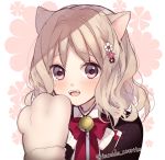  1girl animal_ears bell blonde_hair blush bowtie cat_ears cat_paws curly_hair diabolik_lovers fangs flat_chest flower gloves hair_ornament hairclip ichinose_(sorario) jacket komori_yui looking_at_viewer open_mouth petite pink_hair school_uniform simple_background solo twitter_username uniform upper_body white_background 