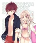  1boy 1girl bare_legs bird blonde_hair blush breasts cleavage clouds collarbone cowboy_shot curly_hair diabolik_lovers fangs flower green_eyes hair_ornament hair_ribbon hairpin hand_holding hood hoodie ichinose_(sorario) jewelry komori_yui looking_at_viewer looking_away navel necklace open_clothes open_hoodie open_mouth petite pink_eyes redhead ribbon sakamaki_ayato smile swimsuit teeth vampire 