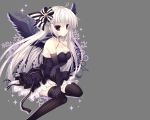  1girl breasts cleavage dress elbow_gloves female gloves grey_hair indico_lite long_hair mitha original solo thigh-highs transparent wings 