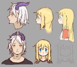  1boy 1girl aqua_eyes blonde_hair face horns long_hair looking_at_viewer original pettankon portrait simple_background sketch smile 