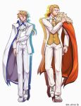  2boys alternate_costume alternate_hairstyle arc_system_works artist_request blonde_hair blue_eyes cape closed_eyes facial_hair formal guilty_gear guilty_gear_xrd ky_kiske leo_whitefang long_hair low_ponytail multiple_boys ponytail ribbon shadow smile suit tuxedo 