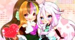  2girls braid earmuffs galaco happy_synthesizer_(vocaloid) headphones ia_(vocaloid) long_hair mami_(sweetcandy) multicolored_hair multiple_girls open_mouth pink_eyes twin_braids vocaloid white_eyes white_hair 