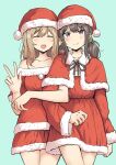  2girls :d ^_^ aqua_background bangs bare_shoulders betock blonde_hair blunt_bangs brown_hair christmas closed_eyes collarbone commentary_request cowboy_shot dress eyebrows_visible_through_hair facing_viewer hair_between_eyes hat highres locked_arms medium_hair multiple_girls off-shoulder_dress off_shoulder original santa_hat scrunchie simple_background smile twintails v violet_eyes w 