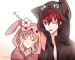  1boy 1girl black_shirt blonde_hair blush cat closed_eyes curly_hair diabolik_lovers fangs flower gradient gradient_background green_eyes hoodie ichinose_(sorario) komori_yui one_eye_closed open_clothes open_hoodie open_mouth petite pink_background pink_shirt rabbit redhead sakamaki_ayato shirt sleeping twitter_username upper_body vampire white_background 