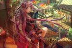  1girl colorful drawing long_hair lowres pink_hair popsicle sitting train 