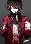  1boy belt blood brown_hair closed_mouth diabolik_lovers grey_background hair_over_one_eye jacket kino_(diabolik_lovers) male_focus red_eyes ribbon scarf simple_background smile solo sukurumi tsurime uniform upper_body vampire 