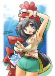  10s 1girl female_protagonist_(pokemon_sm) handbag hat holding holding_poke_ball poke_ball pokemon pokemon_(game) pokemon_sm rascal red_hat rotom 