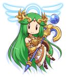  1girl bare_shoulders blush breasts chibi green_hair jewelry kid_icarus kid_icarus_uprising long_hair mazume medium_breasts mismatched_footwear necklace palutena smile solo super_smash_bros. tiara very_long_hair 