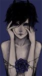  1boy arrow black_hair blue blue_eyes blue_lips blue_rose blush child closed_mouth collarbone dripping eyelashes flower hands_on_own_face horns lips livly_island male_focus pale_skin personification renos rose scar shirtless simple_background solo spiky_hair stitches upper_body 
