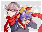  akaba_reiji angry blush cat_ears cat_tail chibi fang green_eyes long_hair nekomimi purple_hair serena_(yuu-gi-ou_arc-v) silver_hair tail yu-gi-oh! yuu-gi-ou_arc-v 