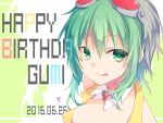  1girl 2016 :q bare_shoulders breasts brooch character_name closed_mouth colored_eyelashes dated detached_collar erect_nipples eyebrows eyebrows_visible_through_hair gem goggles goggles_on_head green_eyes green_hair gumi happy_birthday jewelry kuroi_(liar-player) medium_breasts ruby_(stone) short_hair silhouette smile solo tongue tongue_out upper_body vest vocaloid wing_collar yellow_vest 