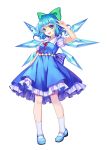  1girl blue_dress blue_eyes blue_hair cirno dress frilled_dress frills full_body hair_ribbon ice ice_wings kneehighs looking_at_viewer mary_janes mirror_(xilu4) open_mouth puffy_sleeves ribbon shoes short_hair short_sleeves simple_background smile solo tachi-e touhou v white_background white_legwear wings 