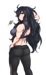  1girl absurdres airisubaka black_hair breasts daidouji_(senran_kagura) highres long_hair looking_back mole muscle muscular_female pants red_eyes senran_kagura signature simple_background 