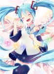  1girl blush hatsune_miku long_hair musical_note nokuhashi open_mouth skirt smile solo thigh-highs twintails very_long_hair vocaloid wings 
