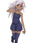  1girl :&lt; absurdres bangs bare_arms black_dress black_eyes blue_dress blue_eyes blue_legwear bright_pupils character_request child dark_skin dress hand_in_hair highres kneehighs long_hair looking_at_viewer no_shoes silver_hair simple_background solo standing_on_one_leg thigh-highs walking white_background white_hair yamamoto_souichirou zettai_ryouiki 