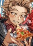  1boy artist_name biting blonde_hair boku_no_hero_academia bracelet breath cheese cheese_trail eating facial_hair feathered_wings food food_focus forehead goatee hands_up hawks_(boku_no_hero_academia) headphones jewelry kadeart large_wings male_focus pepperoni pizza_slice red_wings sharp_teeth shirt short_hair solo spiky_hair steam striped striped_shirt stubble sweatdrop teeth thick_eyebrows upper_body wings yellow_eyes 