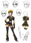  1girl blonde_hair bumblebee character_sheet female genderswap gloves partially_colored personification ryuusei_(mark_ii) school_uniform simple_background skirt solo thigh-highs transformers transformers_prime white_background 