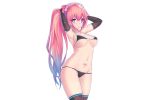  1girl bikini blue_eyes breasts cleavage dev elbow_gloves female gloves long_hair megurine_luka navel pink_hair ponytail solo swimsuit tattoo thigh-highs vocaloid 