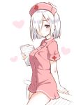  1girl alternate_costume blue_eyes breasts buttons clipboard dress female hair_ornament hair_over_one_eye hairclip hamakaze_(kantai_collection) hat heart kantai_collection large_breasts legs looking_at_viewer nurse nurse_cap pink_dress red_cross ren_san short_dress short_hair short_sleeves silver_hair smile solo twitter_username white_background 