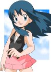  1girl blue_eyes blue_hair blush female hainchu hikari_(pokemon) looking_at_viewer nintendo pokemon skirt smile solo wind 