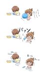  &gt;_&lt; 2girls =_= all_fours alternate_costume balloon blowing brown_hair child_drawing closed_eyes comic commentary_request crayon crying crying_with_eyes_open drawing folded_ponytail highres ikazuchi_(kantai_collection) inazuma_(kantai_collection) kantai_collection kotanuki_(kotanukiya) multiple_girls open_mouth peeing peeing_self popping short_hair sitting standing tears trembling wavy_mouth white_background younger 