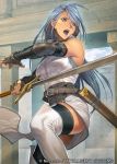  1girl black_legwear black_thighhighs blue_eyes blue_hair boots copyright_name feet_out_of_frame female fighting_stance fingerless_gloves fire_emblem fire_emblem:_akatsuki_no_megami fire_emblem_cipher gloves holding holding_sword holding_weapon homare_(fool&#039;s_art) long_hair looking_away lucia_(fire_emblem) official_art open_mouth sheath sleeveless solo sword teeth thigh-highs thigh_boots thighhighs thighhighs_under_boots unsheathed weapon white_boots white_legwear 