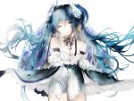  1girl blue_hair brown_eyes collar detached_sleeves dress hair_ornament hatsune_miku highres long_hair looking_at_viewer sa&#039;yuki simple_background solo strapless strapless_dress vocaloid white_background white_dress 