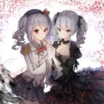  2girls blue_eyes breasts cosplay costume_switch dango_(dangowalolicon) drill_hair epaulettes gloves gothic_lolita hand_holding highres idolmaster idolmaster_cinderella_girls kantai_collection kanzaki_ranko kashima_(kantai_collection) lolita_fashion military military_uniform multiple_girls silver_hair smile tsurime twin_drills twintails uniform wavy_hair 