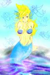  1boy 1girl blonde_hair blue_eyes breasts cloud_strife final_fantasy final_fantasy_vii genderswap genderswap_(mtf) highres long_hair mermaid monster_girl sephiroth simple_background spiky_hair 