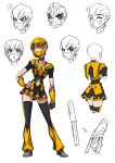  1girl blonde_hair bumblebee character_sheet female genderswap gloves mask partially_colored personification ryuusei_(mark_ii) school_uniform simple_background skirt solo thigh-highs transformers transformers_prime white_background 