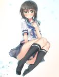  1girl alternate_eye_color bent_knees blue_skirt blush eyebrows eyebrows_visible_through_hair fubuki_(kantai_collection) full_body gradient gradient_background hair_between_eyes hakuishi_aoi hand_on_own_chest kantai_collection kneehighs looking_at_viewer miniskirt multicolored_background no_shoes pleated_skirt ponytail sailor_collar school_uniform serafuku short_ponytail short_sleeves simple_background skirt skirt_tug solo thighs yellow_eyes 