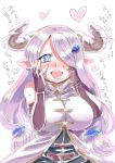  1girl bare_shoulders blue_eyes blush breasts doraf elbow_gloves fingerless_gloves gloves granblue_fantasy hair_ornament hairclip heart heart-shaped_pupils horns large_breasts long_hair narumeia_(granblue_fantasy) open_mouth pink_hair pointy_ears smile solo symbol-shaped_pupils tsuki_wani 