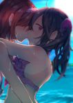  2girls ahoge amana_raika bangs bikini bikini_top black_hair blue_sky blurry blush couple depth_of_field frilled_bikini frills from_side hair_ornament hair_scrunchie hairband hug kiss lace_trim looking_at_viewer love_live! love_live!_school_idol_project multiple_girls nishikino_maki ocean pink_bikini polka_dot polka_dot_bikini profile red_eyes redhead scrunchie shade sky summer sun swimsuit twintails upper_body violet_eyes wet wet_hair yazawa_nico yuri 