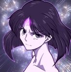  1girl angry bishoujo_senshi_sailor_moon black_hair collarbone facial_mark forehead_mark looking_at_viewer nakata_shunpei pale_skin saturn_symbol serious short_hair solo tomoe_hotaru upper_body violet_eyes 