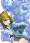  00s 1girl blue_eyes breasts bubbles female gym_leader kasumi_(pokemon) manaphy nintendo one-piece_swimsuit orange_hair pokemon pokemon_(creature) pokemon_(game) pokemon_hgss shimashima_(simasima_23) short_hair smile swimsuit 