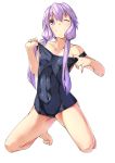  1girl bare_shoulders barefoot breasts collarbone covered_navel full_body highres kanzen_bouon kneeling long_hair looking_at_viewer low_twintails one-piece_swimsuit one_eye_closed purple_hair school_swimsuit simple_background small_breasts smile solo strap_pull strap_slip swimsuit swimsuit_pull twintails violet_eyes vocaloid voiceroid white_background yuzuki_yukari 