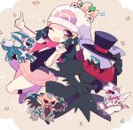  1girl bare_legs blue_eyes blue_hair claws darkrai dialga hat hikari_(pokemon) long_hair looking_at_viewer nintendo noni-nani palkia poke_ball pokemon regigigas skirt smile wink 