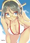  1girl adjusting_glasses alternate_costume bare_shoulders bikini black_hair blue_eyes breasts cleavage collarbone glasses hair_between_eyes hairband highres kantai_collection kirishima_(kantai_collection) leaning_forward looking_at_viewer nekotama1987 outdoors short_hair swimsuit white_bikini 