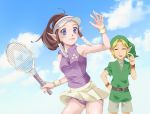  1boy 1girl aomidoro_(pixiv_317717) blonde_hair blue_eyes breasts brown_hair green_hat hat link long_hair medium_breasts nintendo panties pantyshot pointy_ears princess_zelda skirt smile tennis_racket tennis_uniform the_legend_of_zelda the_legend_of_zelda:_twilight_princess triforce underwear 